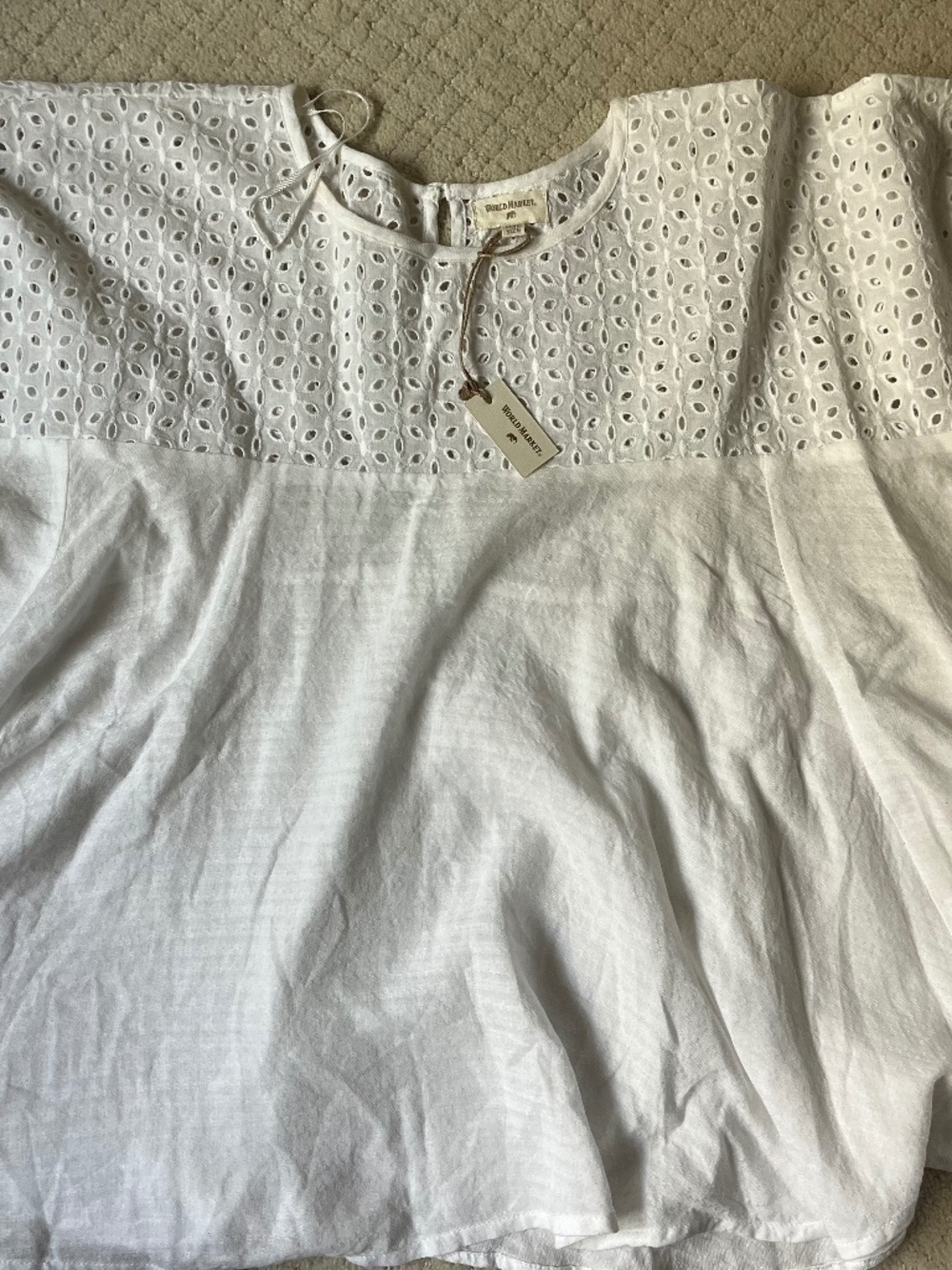 Bohemian White Eyelet Blouse One Size NWT Boho Peasant Top Flowy Cotton Summer
